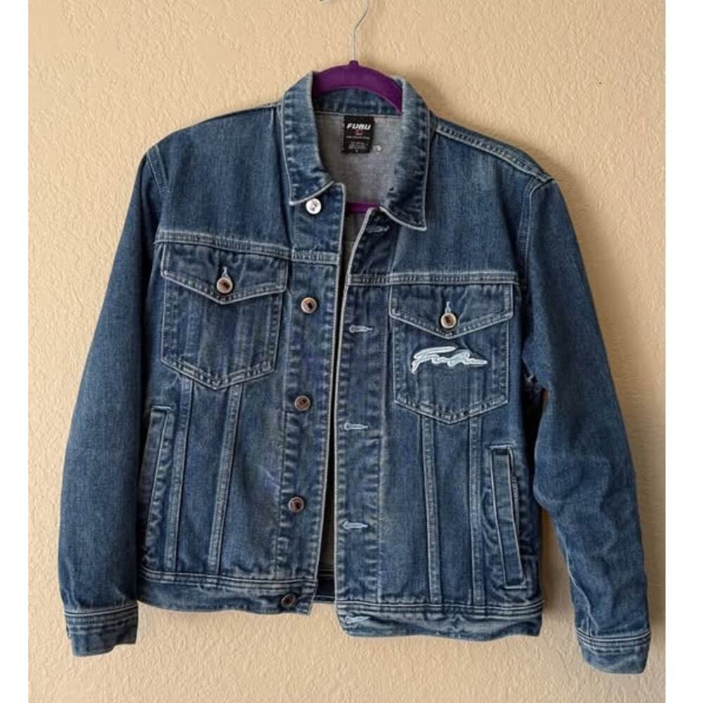 Vintage FUBU Script Logo Denim Trucker Jacket Medium Blue